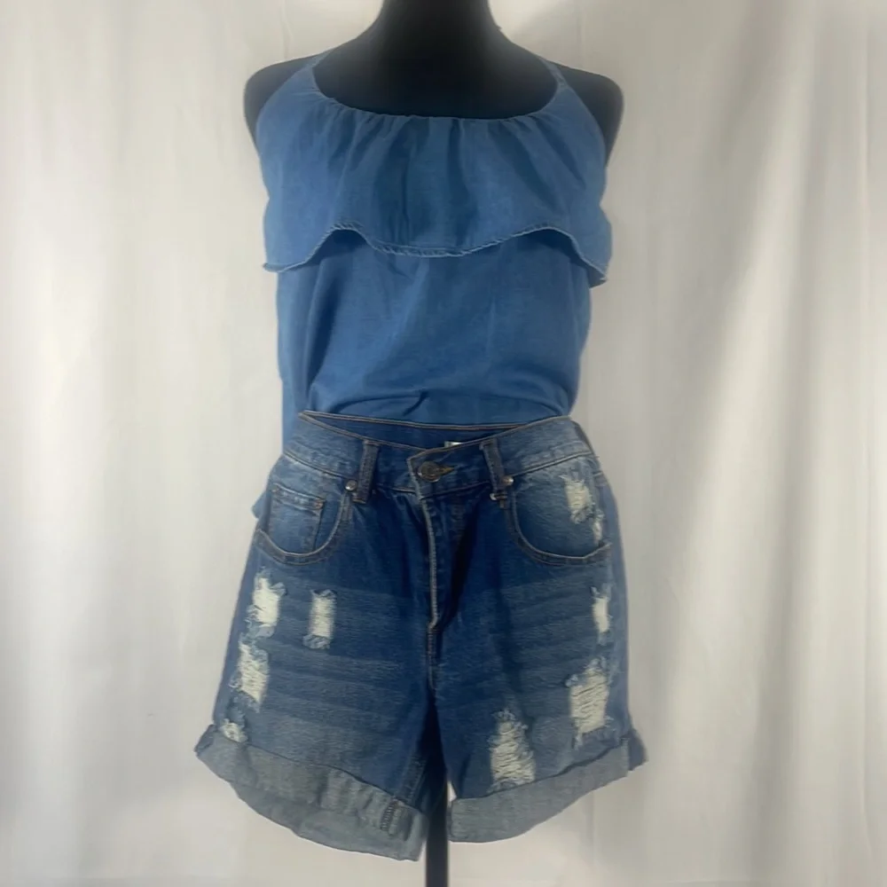 Chambray, denim, halter tie top, Blue, Small - Picture 9 of 10